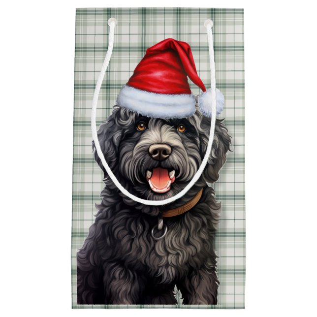 Barbet Dog Holiday Green Plaid Christmas Small Gift Bag (Front)