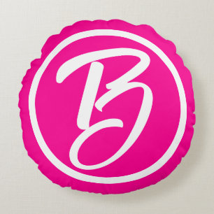 Barbiecore Hot Pink White Calligraphy Monogram Round Pillow