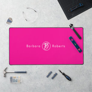 Barbiecore Hot Pink White Simple Circle Monogram Desk Mat