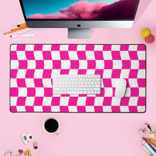 Barbiecore Hot Pink White Wavy Checkerboard Desk Mat