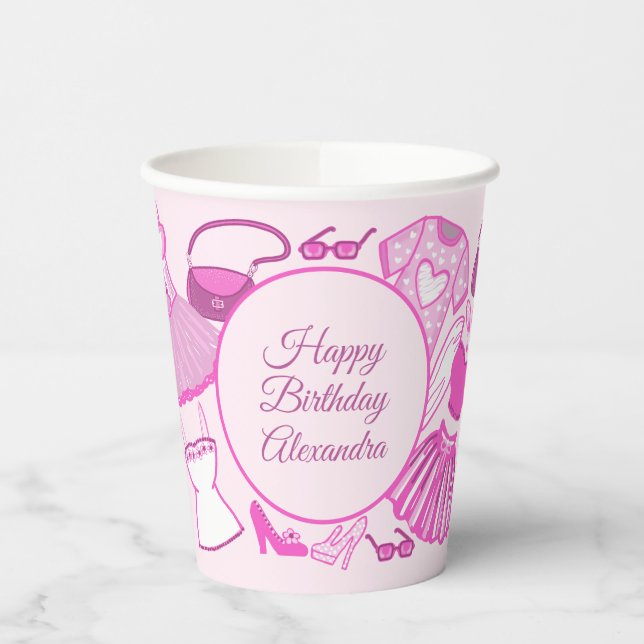 Barbiecore Pink and Hot Pink Fashion Pattern Paper Cups (Left)