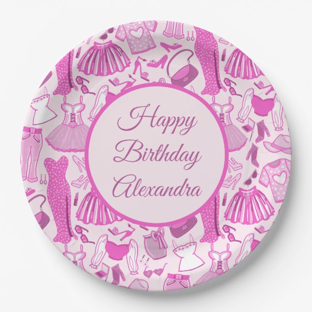Barbiecore Pink and Hot Pink Fashion Pattern Paper Plate (Front)