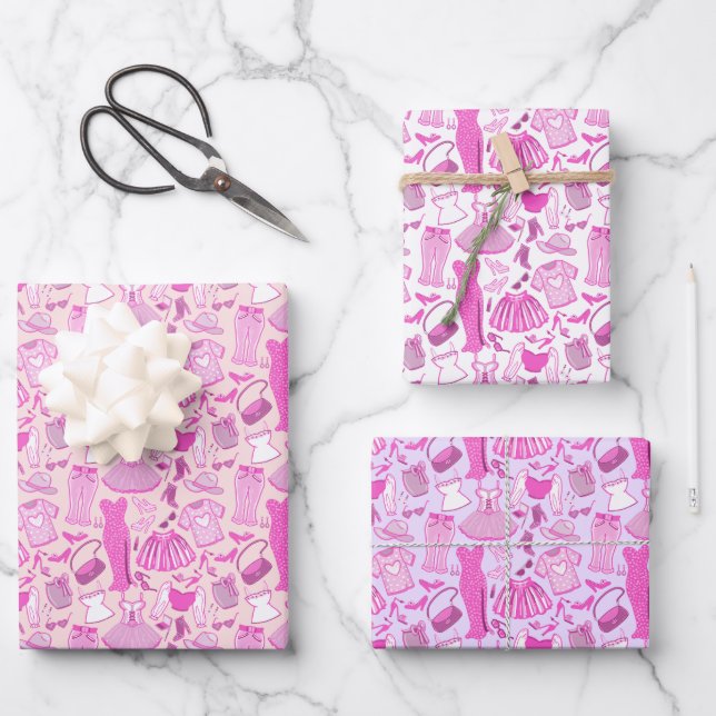 Barbiecore Pink and Hot Pink Fashion Wrapping Paper Sheet (Front)