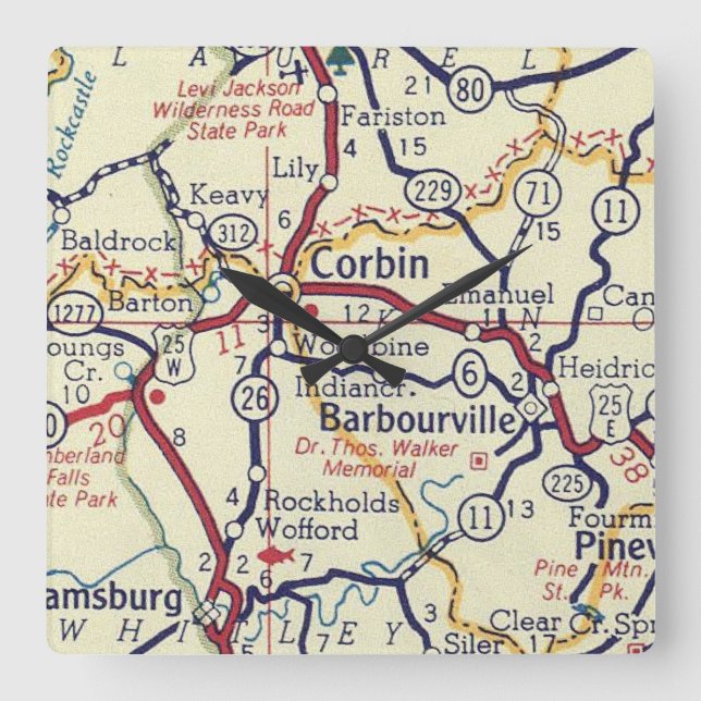 Barbourville KY Vintage Map Square Wall Clock (Front)