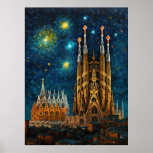 Barcelona Basilica Sagrada Família Starry Night Poster