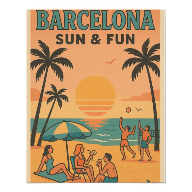 Barcelona Beach & Sun – Retro Travel Poster (Front)