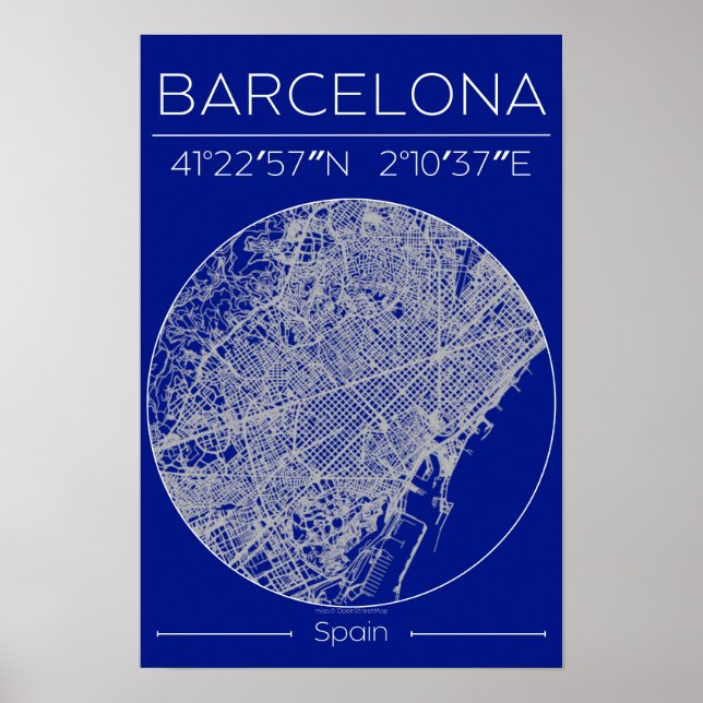 Barcelona Blueprint City Map Poster – Minimal Wall (Devant)