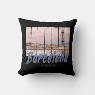 Barcelona Catalonia sunset Skyline Spain vintage Throw Pillow
