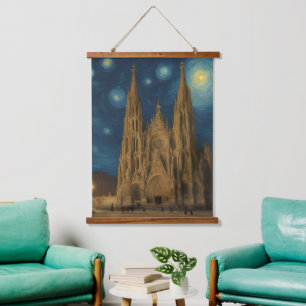 Barcelona Cathedral at Night van Gogh Style Hanging Tapestry