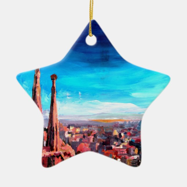 Barcelona City View And Sagrada Familia Ceramic Ornament (Front)
