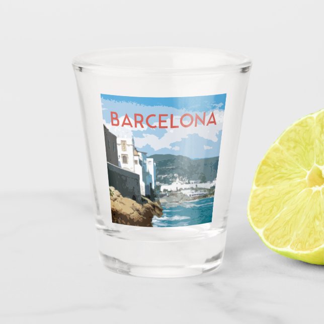 Barcelona coast, Spain vintage travel style Shot Glass (Front)