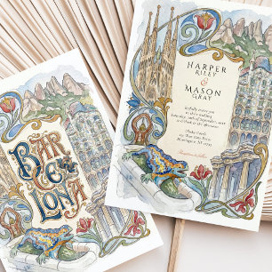Barcelona Gaudí Landmarks Watercolor Wedding Invitation