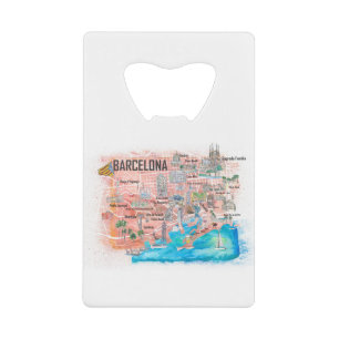 Barcelona Illustrated Travel Map with Roads Credit Card Bottle Opener