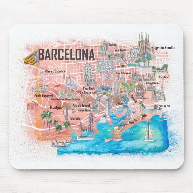 Barcelona Illustrated Travel Map with Roads Mouse Pad (Front)