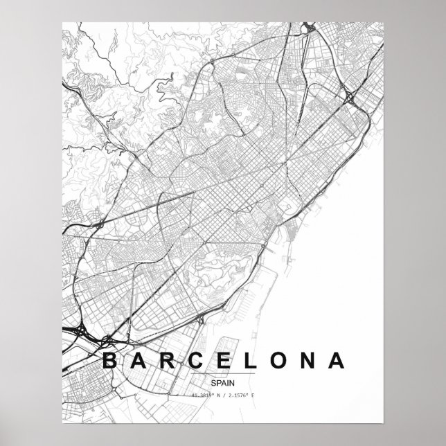 Barcelona Minimalist Map (Black & White) Poster (Front)