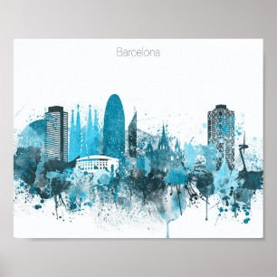 Barcelona Monochrome Blue Skyline Poster