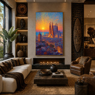 Barcelona Sagrada Familia Pointillism Sunset Art Poster