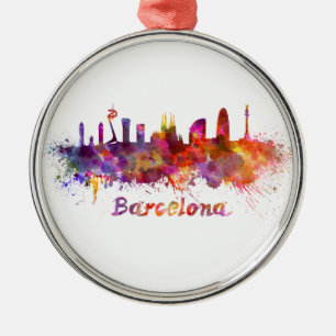 Barcelona skyline in watercolor metal ornament