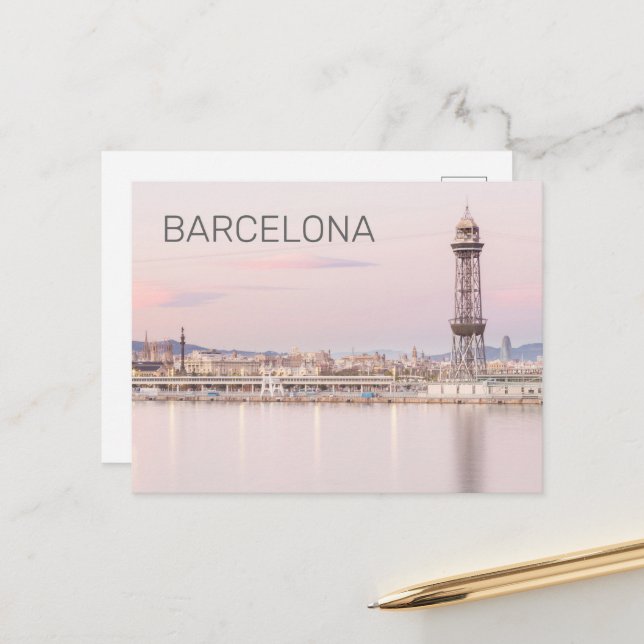 Barcelona Skyline Sunset Catalanonia Spain Holiday Postcard (Front/Back In Situ)