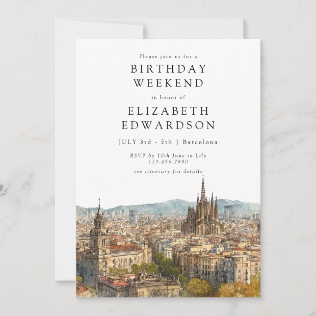 Barcelona Skyline Watercolor Birthday Weekend Invitation (Front)