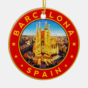 Barcelona, Spain, circle, red Ceramic Ornament