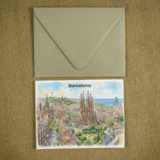 Barcelona Spain Cityscape Watercolor Illustration Postcard