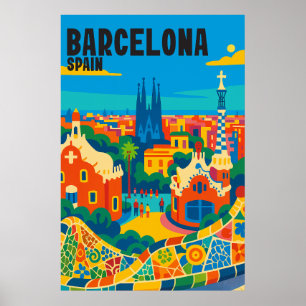 Barcelona Spain Colourful Aerial View Travel Poster
