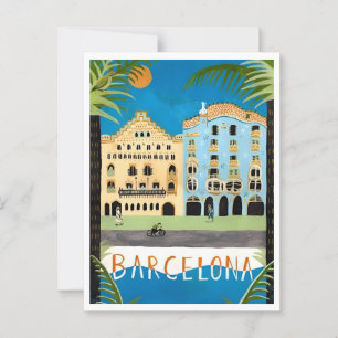 Barcelona Spain Colourful Cityscape Retro Inspired Postcard
