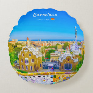 Barcelona, Spain - Park Guell Gaudi Mosaic Round Pillow