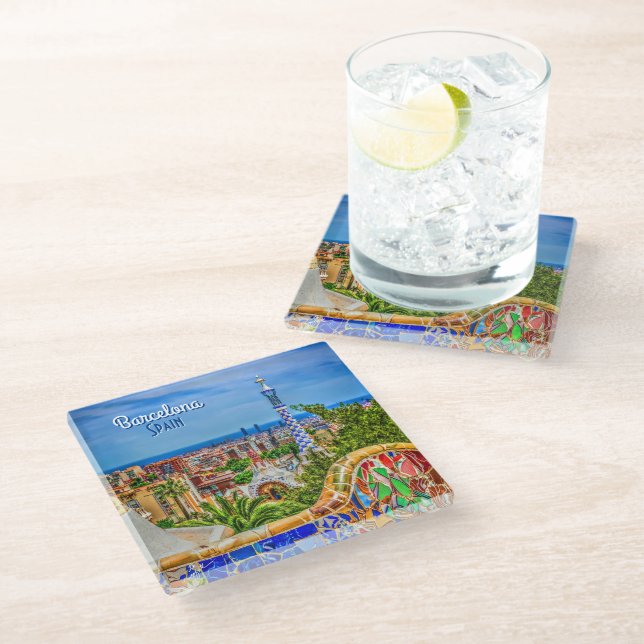 Barcelona Spain Park Güell Vintage Travel Glass Coaster (Angled)