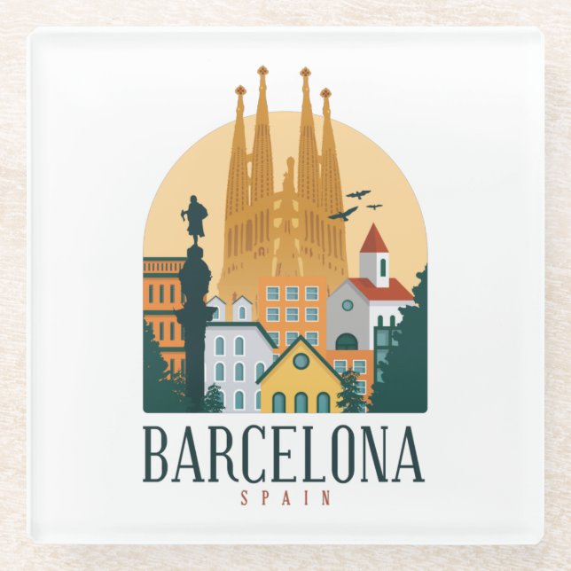 Barcelona Spain Skyline Vintage Glass Coaster (Front)