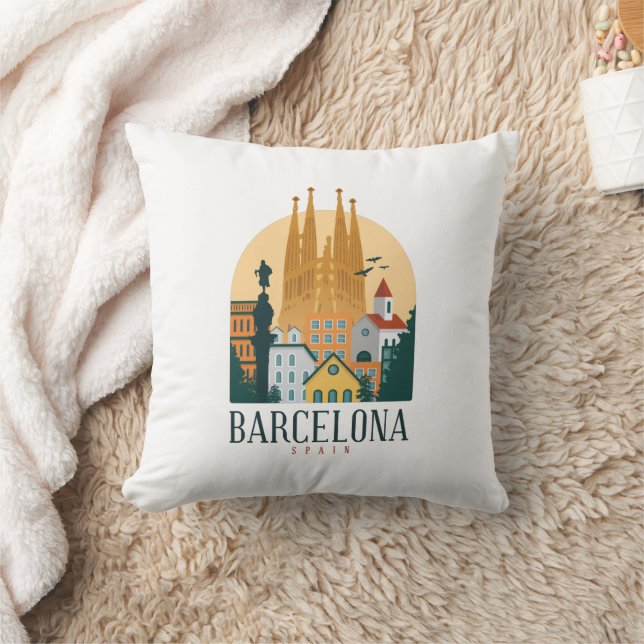 Barcelona Spain Skyline Vintage Throw Pillow (Blanket)