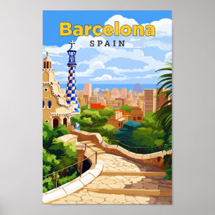 Barcelona Spain Travel Art Vintage Illustration  Poster
