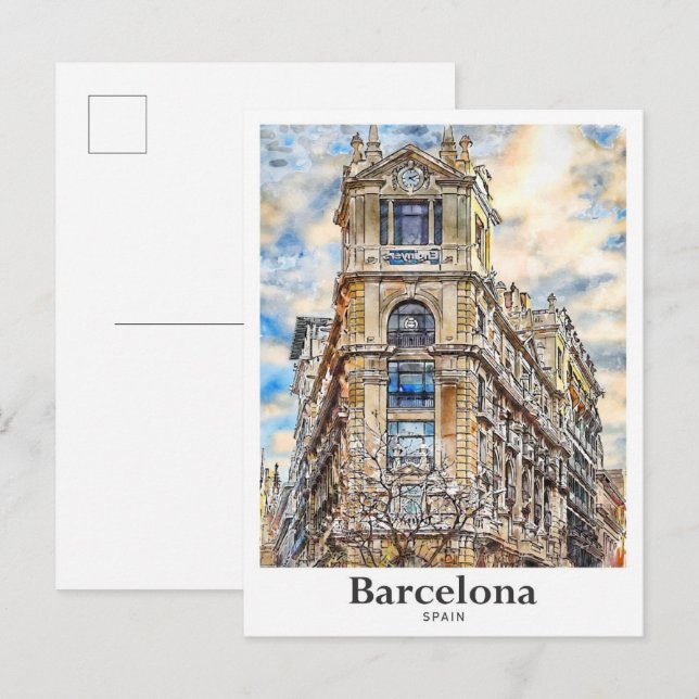 Barcelona Spain Travel Watercolor Hand Drawn Postcard (Front/Back)