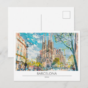 Barcelona Spain Vintage Art Illustration Travel Postcard