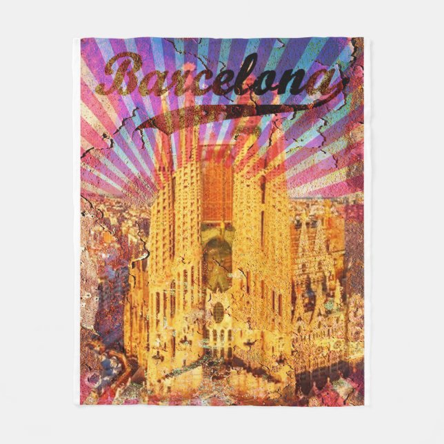Barcelona, Spain, Vintage poster Fleece Blanket (Front)