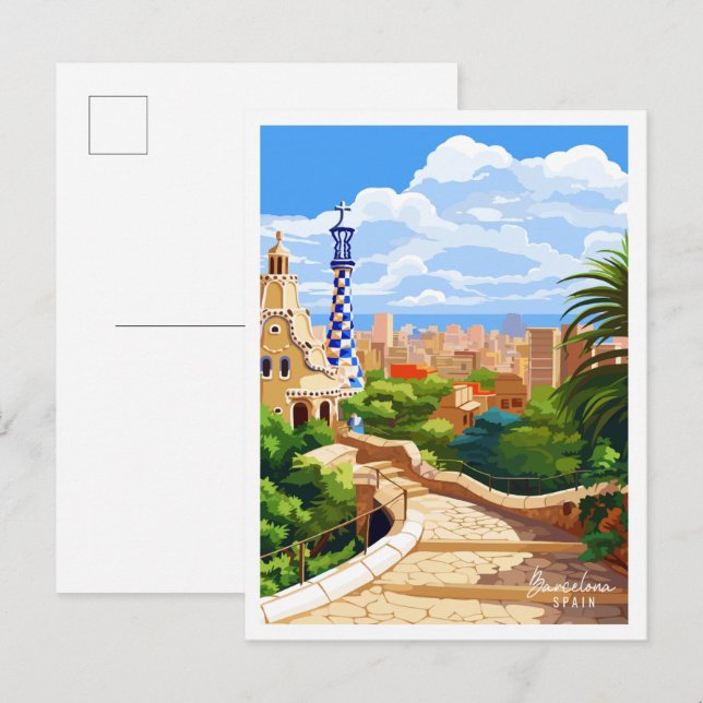 Barcelona Spain vintage travel illustration Postcard (Front/Back)