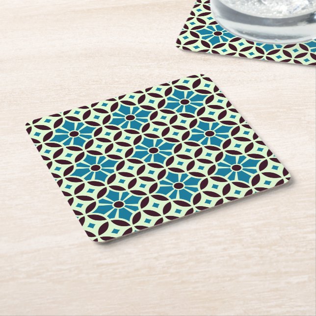 Barcelona Spanish tile petals with star Square Paper Coaster (Angled)