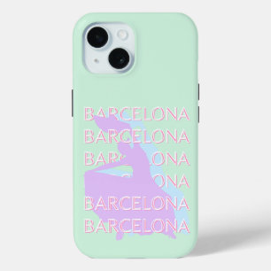 Barcelona Travel Art, Spain Art, Pastel, Green iPhone 15 Case