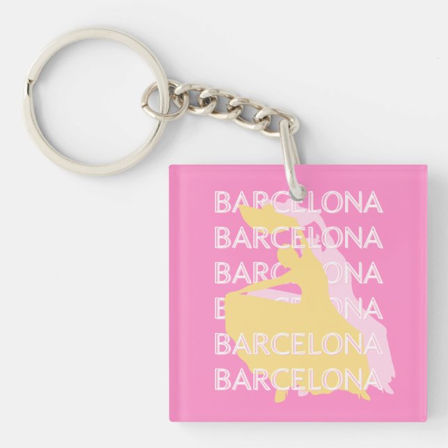 Barcelona Travel Art, Spain, Travel Art, Pink Keychain (Front)