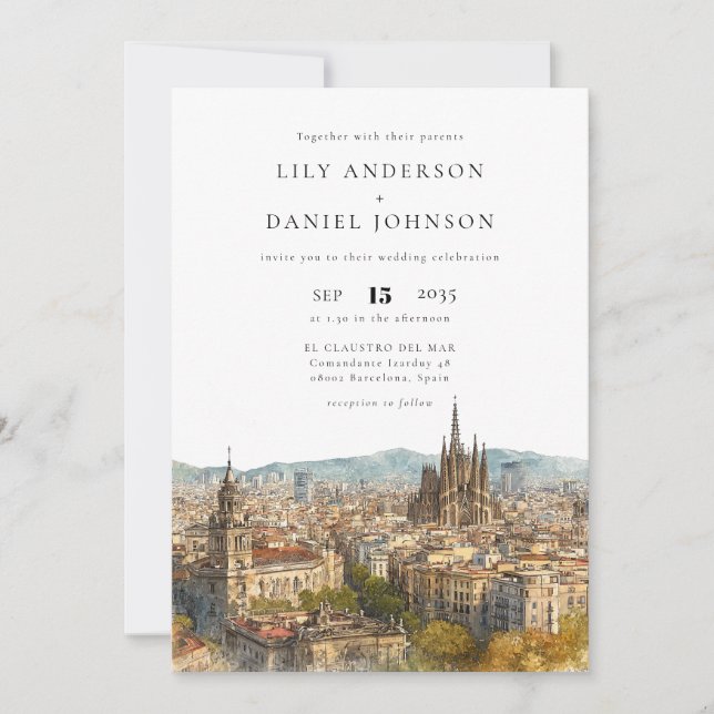 Barcelona Watercolor All In One Wedding Invitation (Front)