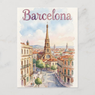 Barcelona watercolor art postcard