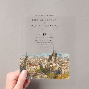 Barcelona Watercolor Destination Wedding Acrylic Invitations