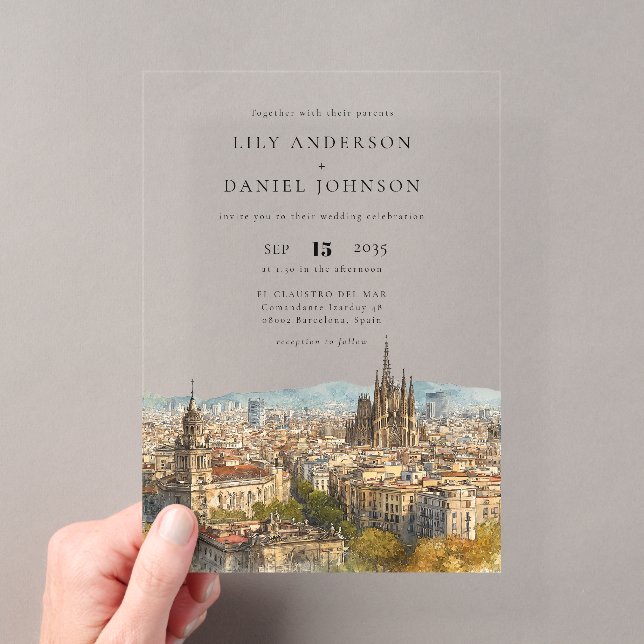 Barcelona Watercolor Destination Wedding Acrylic Invitations (Insitu (Handheld))