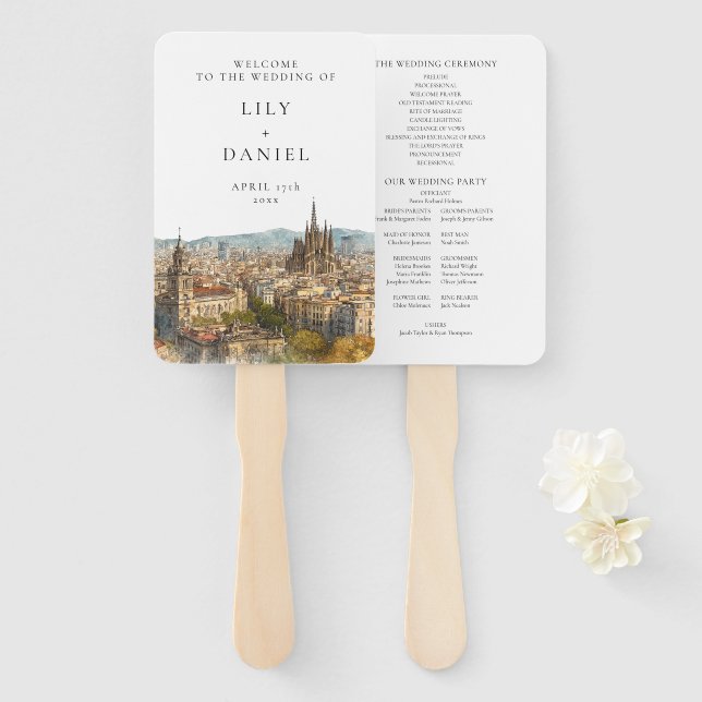 Barcelona Watercolor Wedding Program Hand Fan (Front and Back)