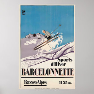 Barcelonnette Skiing Alps France Vintage Travel Poster
