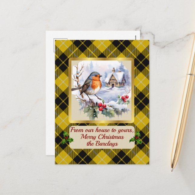 Barclay Crest & Tartan w/Robin Personalized  Holiday Postcard (Front/Back In Situ)