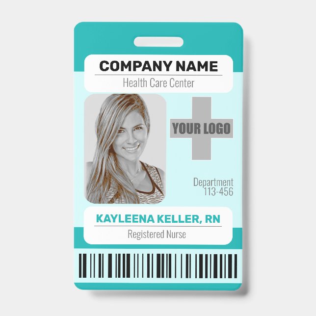 Barcode ID Photo Template Teal Green Medical Staff Badge (Front)