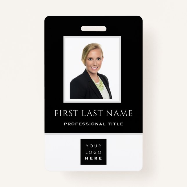 Barcode Photo Name ID Card Vertical Black White Badge (Front)