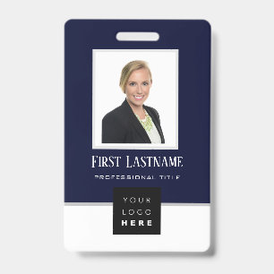 Barcode Photo Name ID Card Vertical Blue Navy Badge